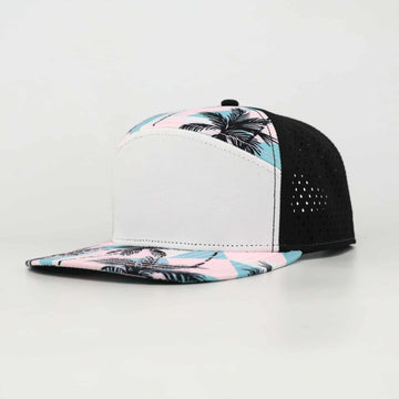 White Front With Palm Trees And Black Back | Performance Waterproof 7-Panel Hat
