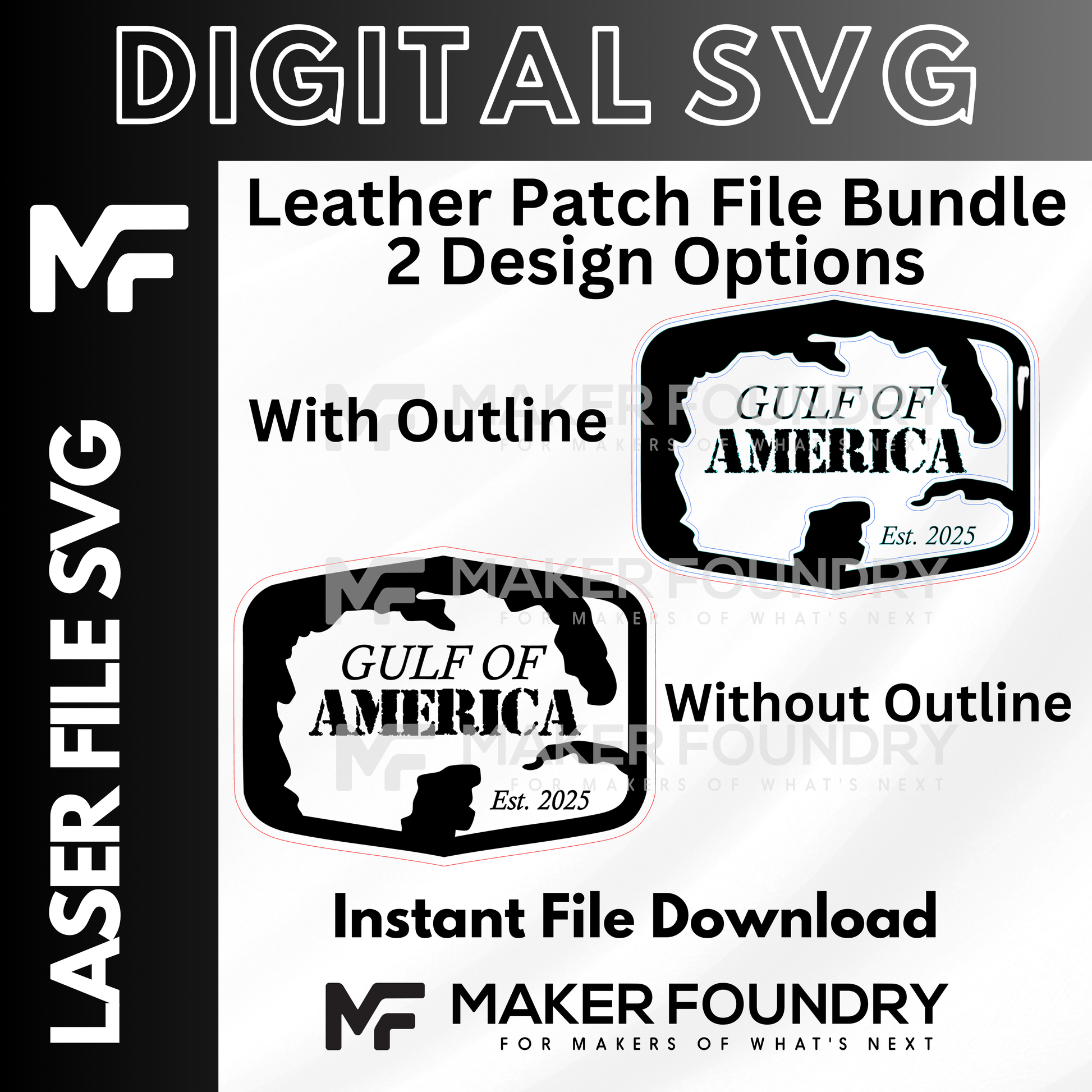 The image is a digital advertisement for a leather patch file bundle, featuring two design options with and without outlines. The bundle includes a file download for instant access.