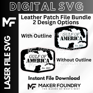 The image is a digital advertisement for a leather patch file bundle, featuring two design options with and without outlines. The bundle includes a file download for instant access.