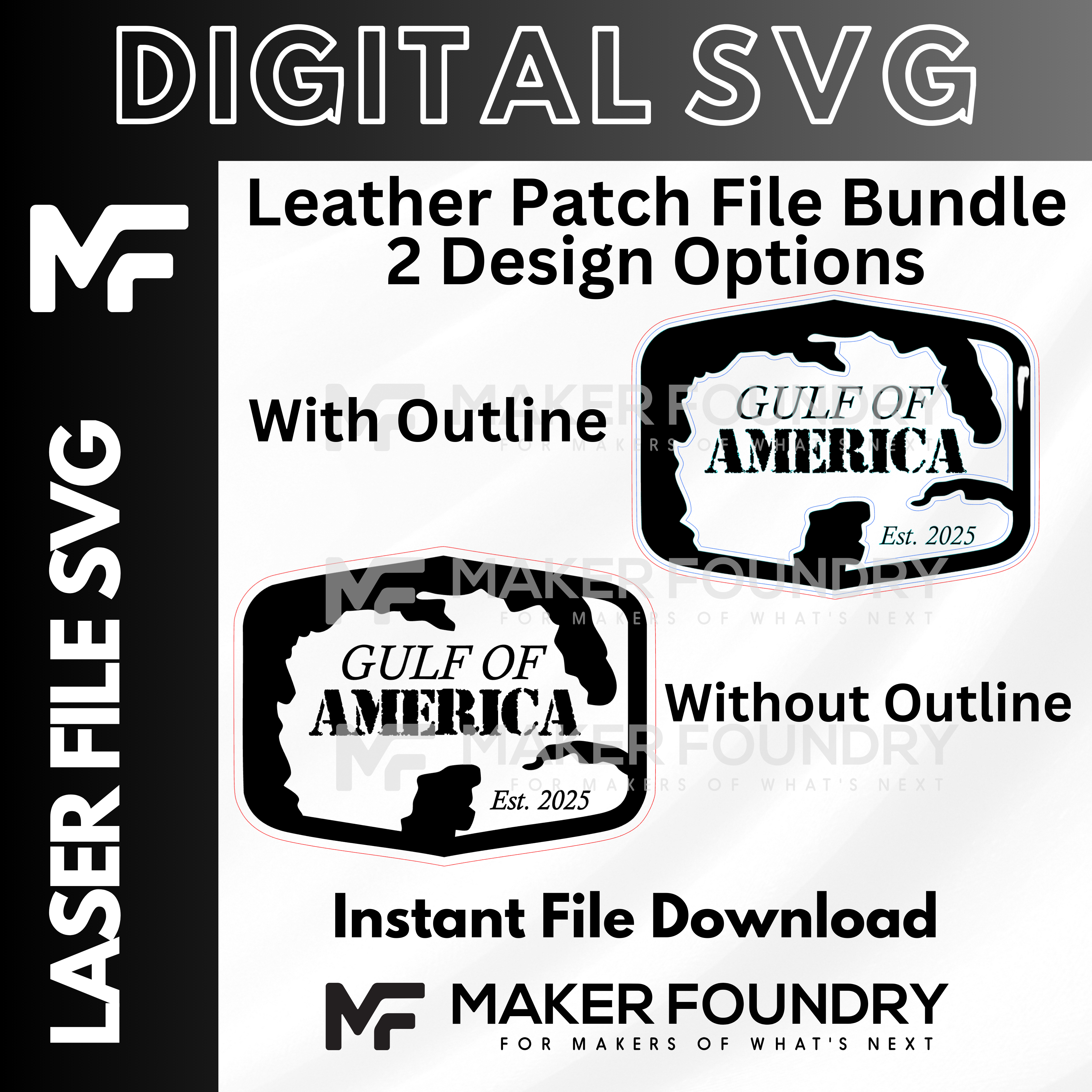The image is a digital advertisement for a leather patch file bundle, featuring two design options with and without outlines. The bundle includes a file download for instant access.