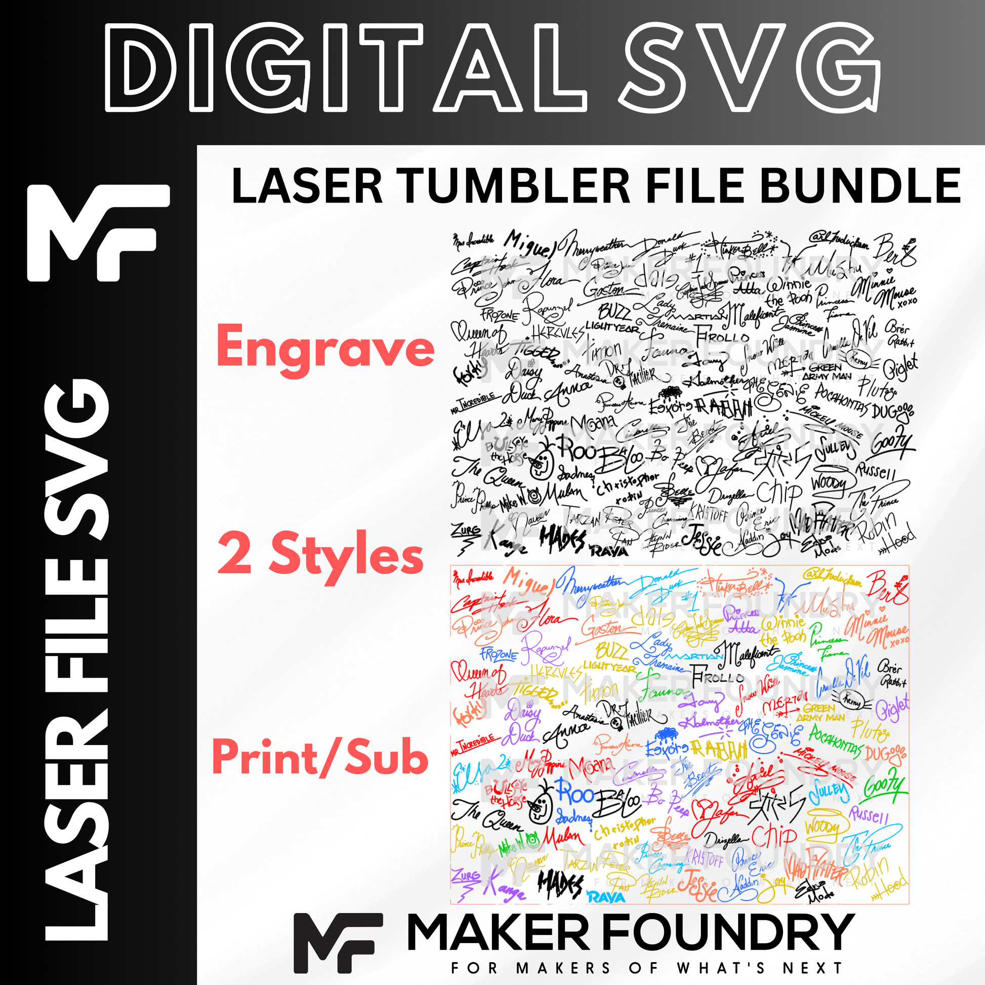 a collection of various handwritten signatures, which appear to be a file bundle for laser tumbler engraving. The bundle includes two styles of engraving, print/sub, and laser tumbler files, as well as a laser tumbler file bundle. The image does not contain any additional text beyond the names of the files and the company's logo.