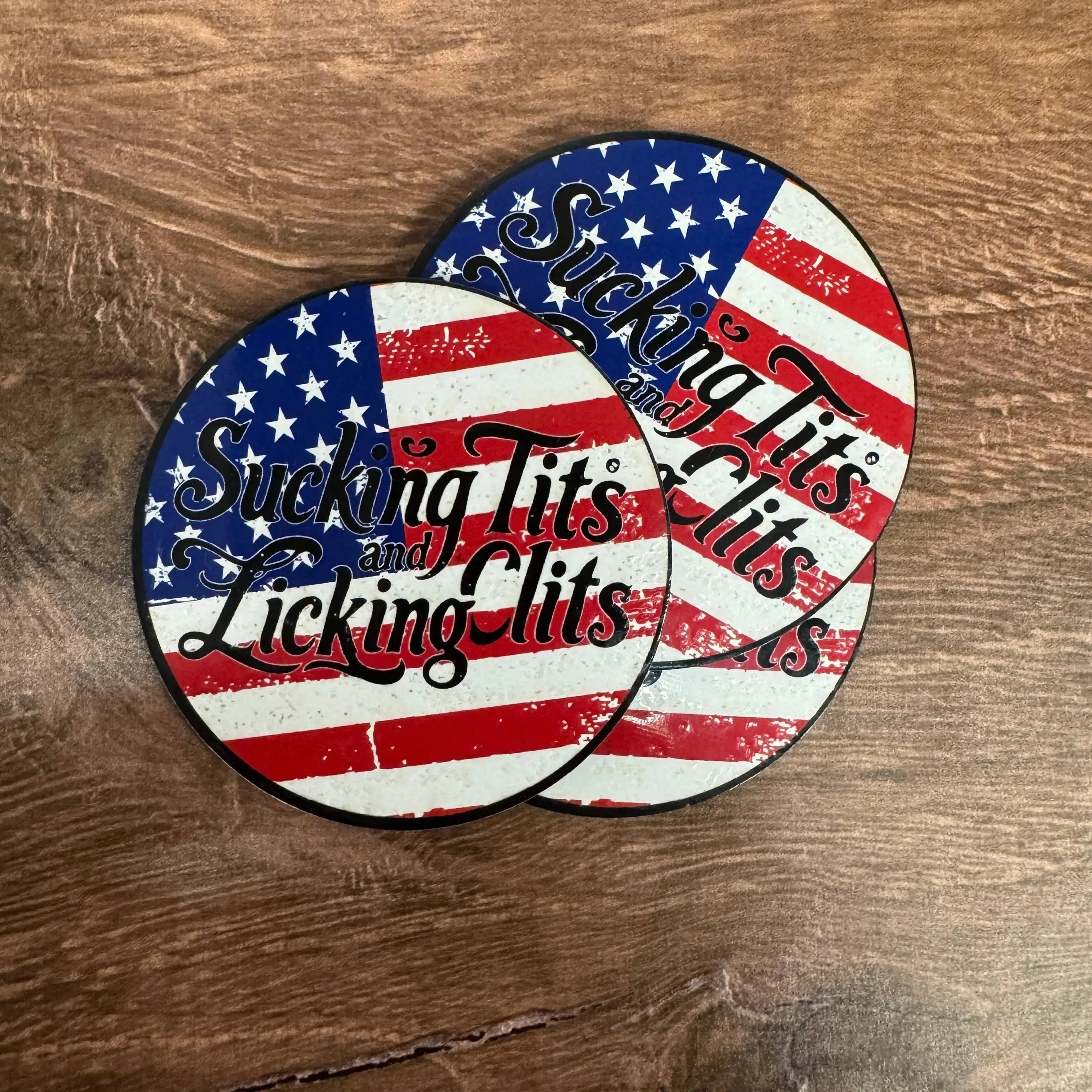 Sucking T's and Licking C's – American Flag Version | UV Printed Leather Hat Patch 