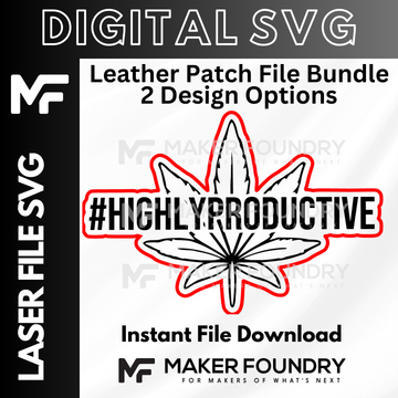 The image is a digital advertisement for a leather patch file bundle, featuring a stylized leaf graphic with the text "#HIGHLYPRODUCIVE" overlaid on it.