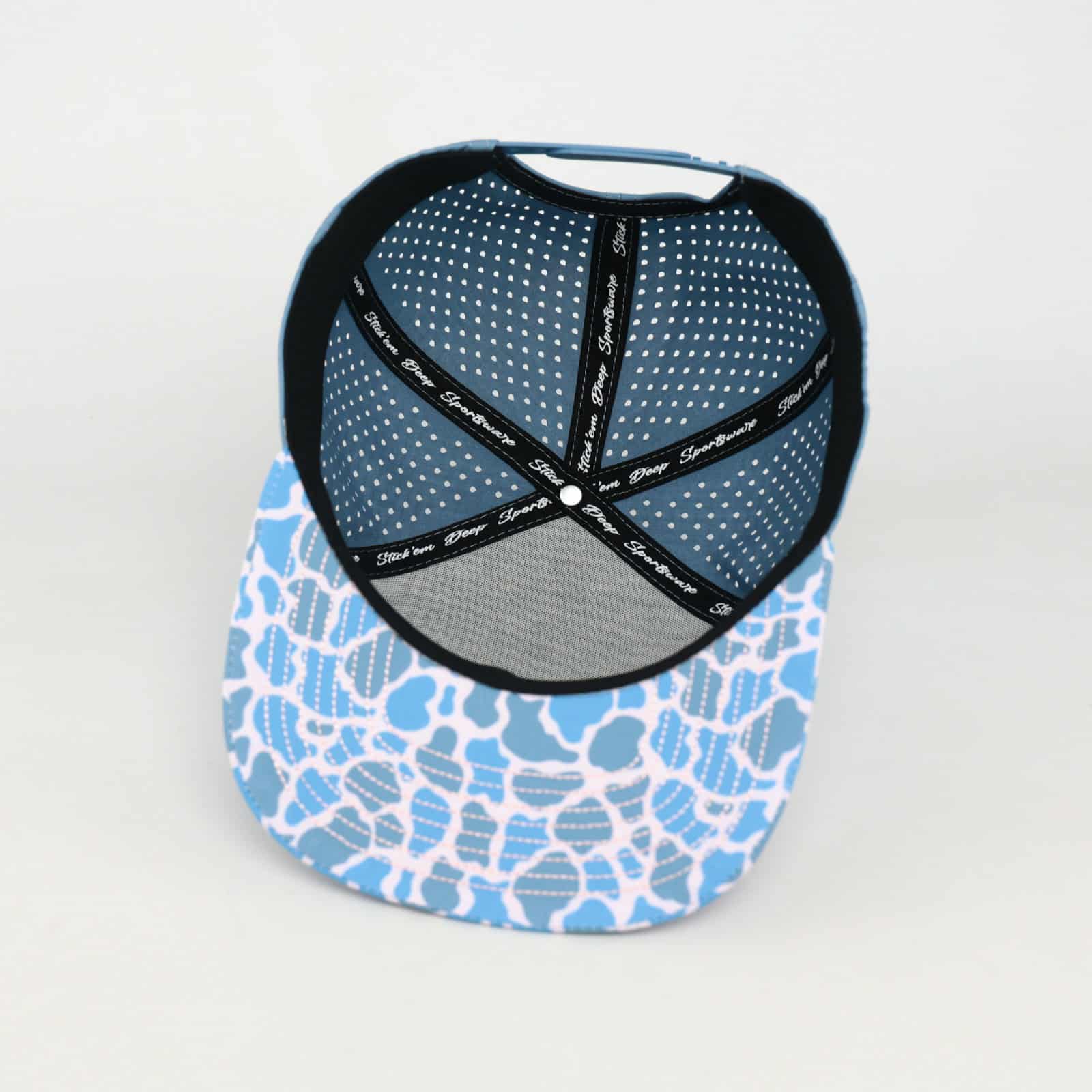 Light Shade Of Pink Front With Blue Camo | Performance Waterproof 7-Panel Hat