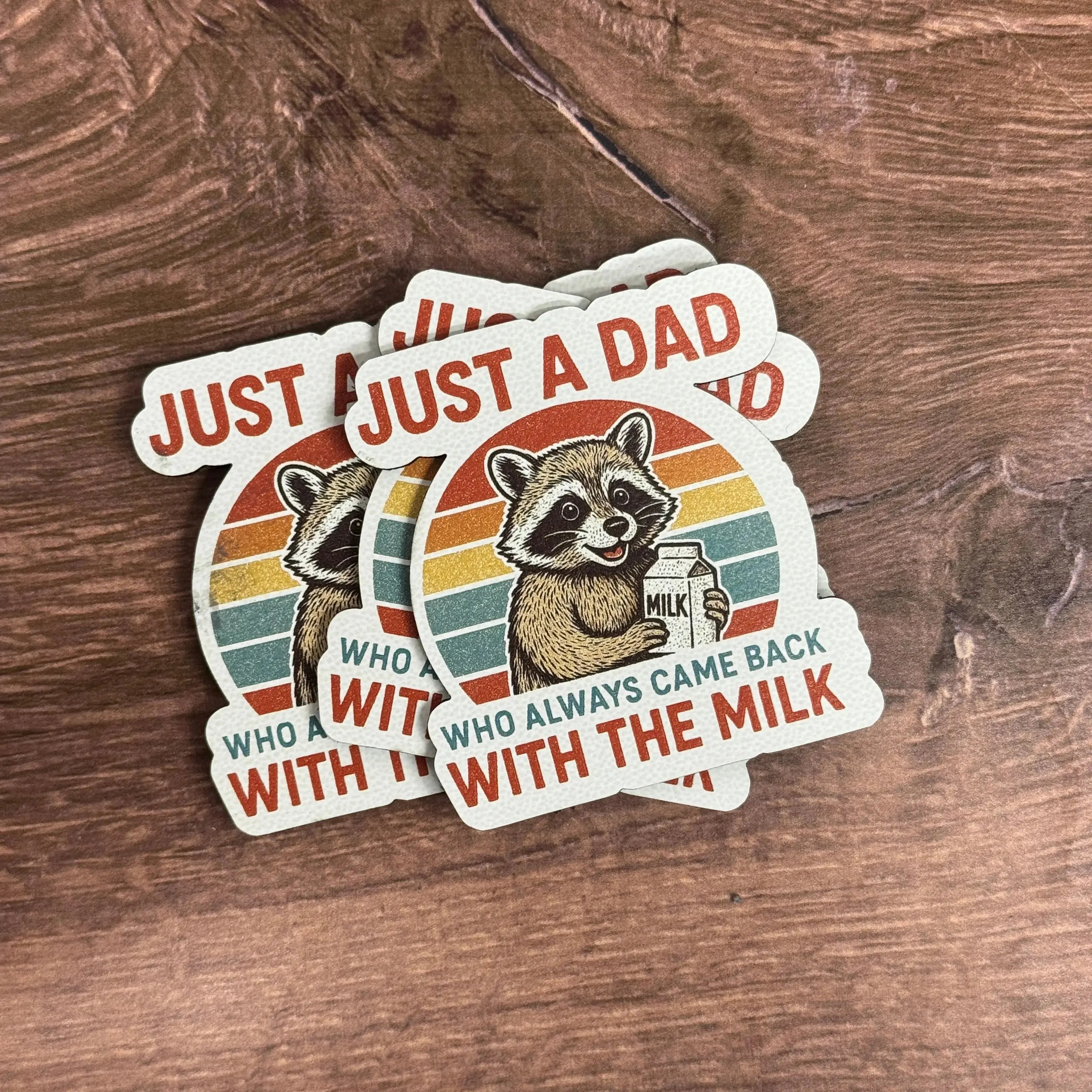 Just a Dad Who Always Came Home With the Milk – Raccoon Version | UV Printed Leather Hat Patch 