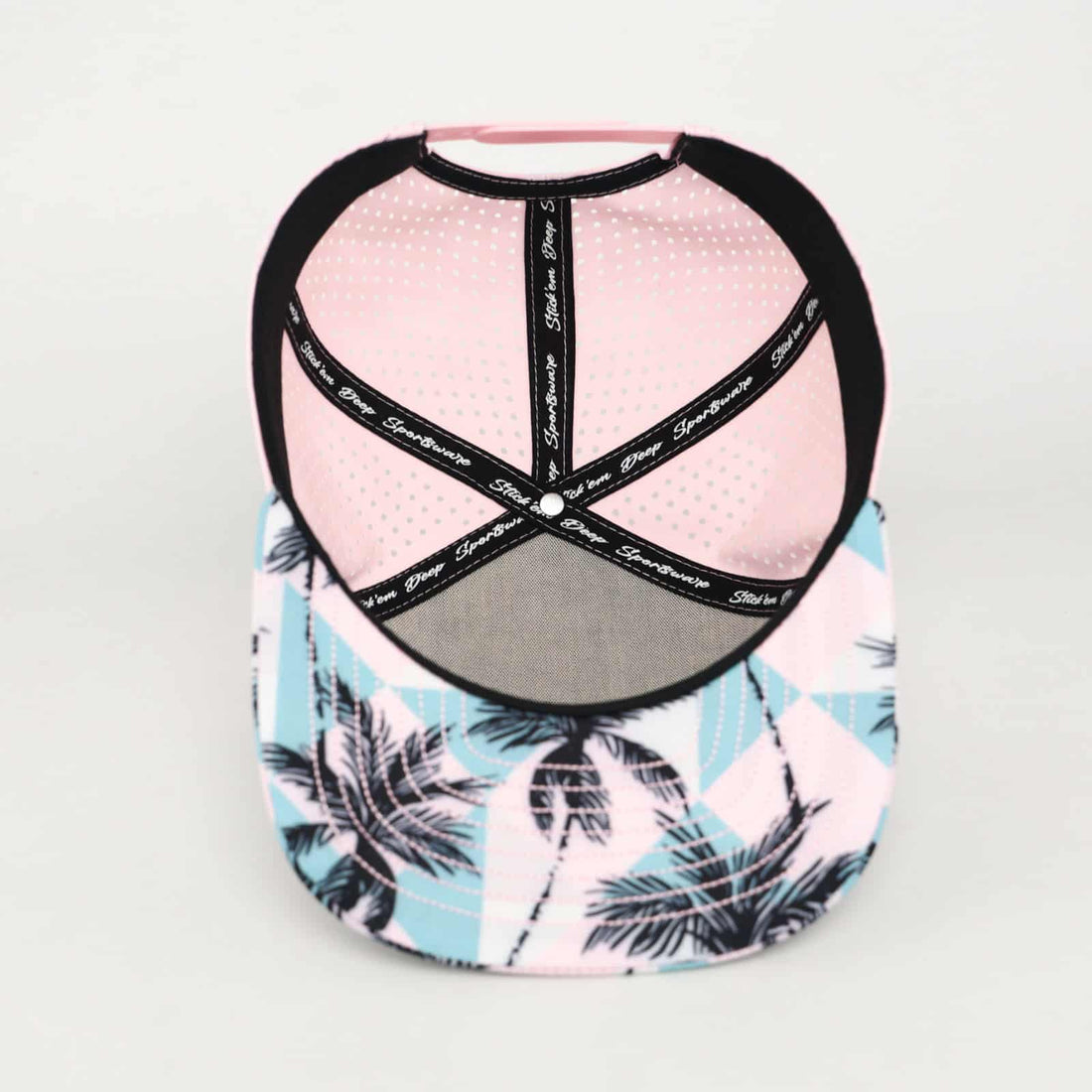 White Front With Palm Trees And Pink Back | Performance Waterproof 7-Panel Hat