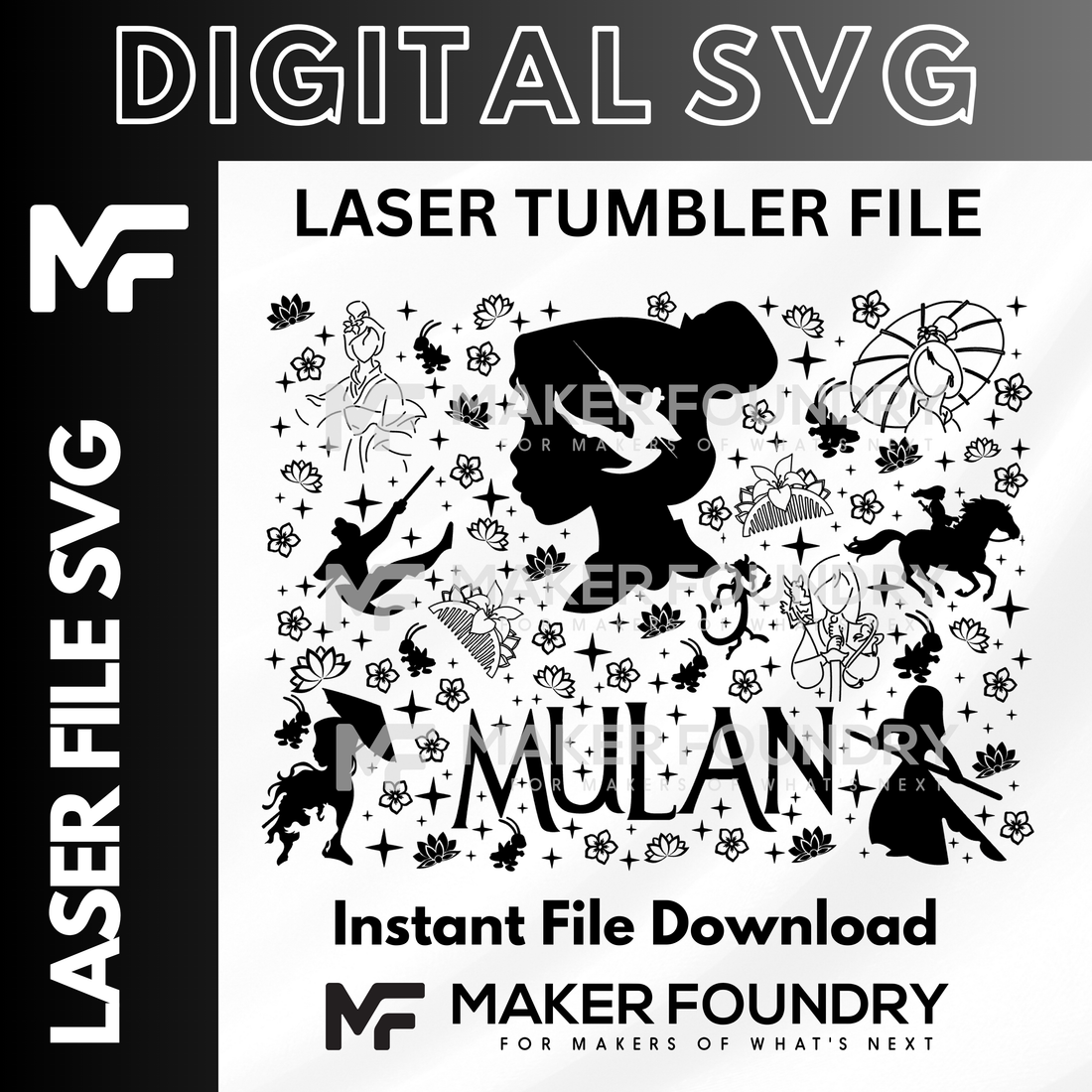 The image is a digital file containing a black and white illustration of a tumbler with various silhouettes and floral elements surrounding it.