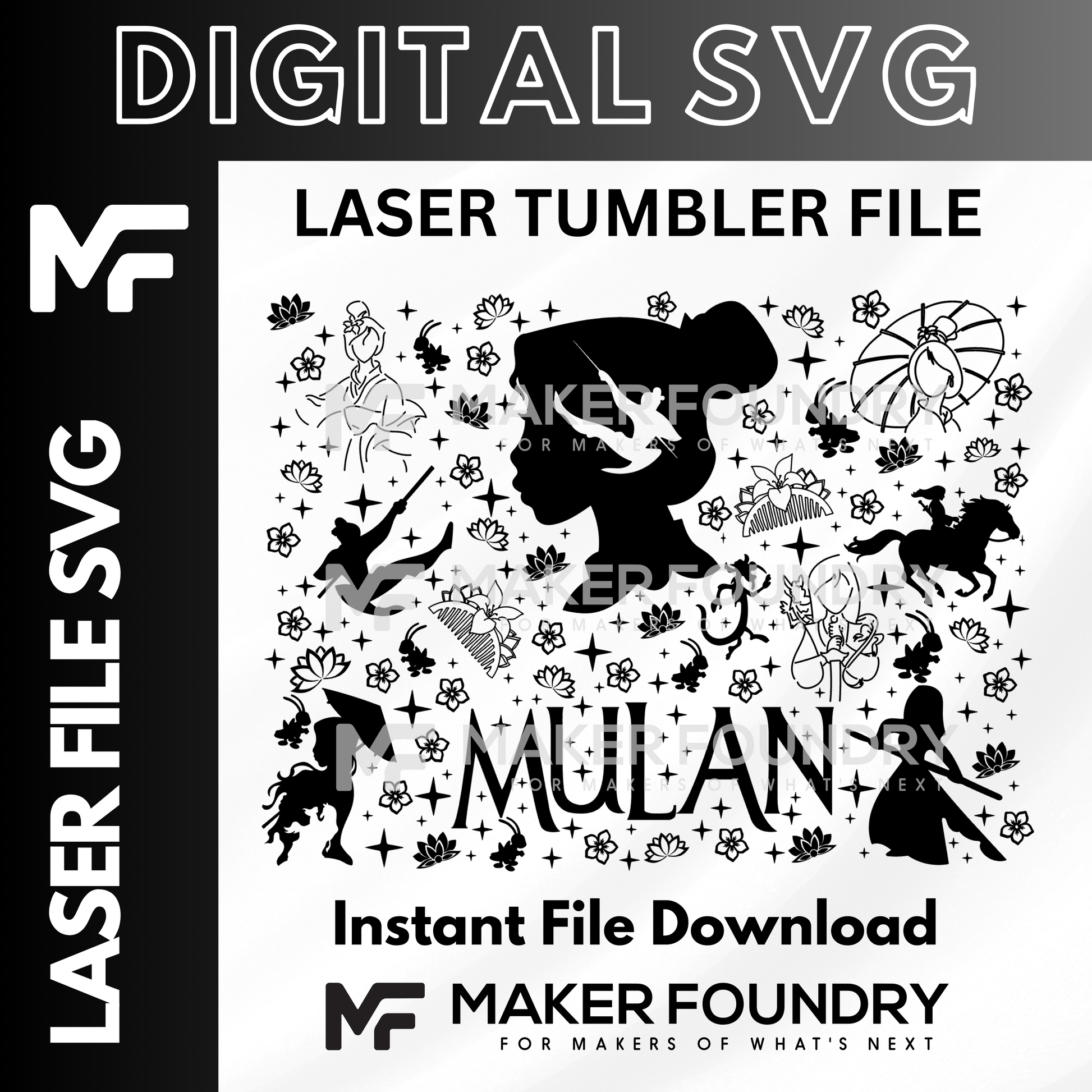 The image is a digital file containing a black and white illustration of a tumbler with various silhouettes and floral elements surrounding it.