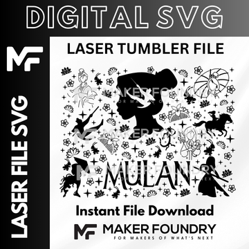 The image is a digital file containing a black and white illustration of a tumbler with various silhouettes and floral elements surrounding it.