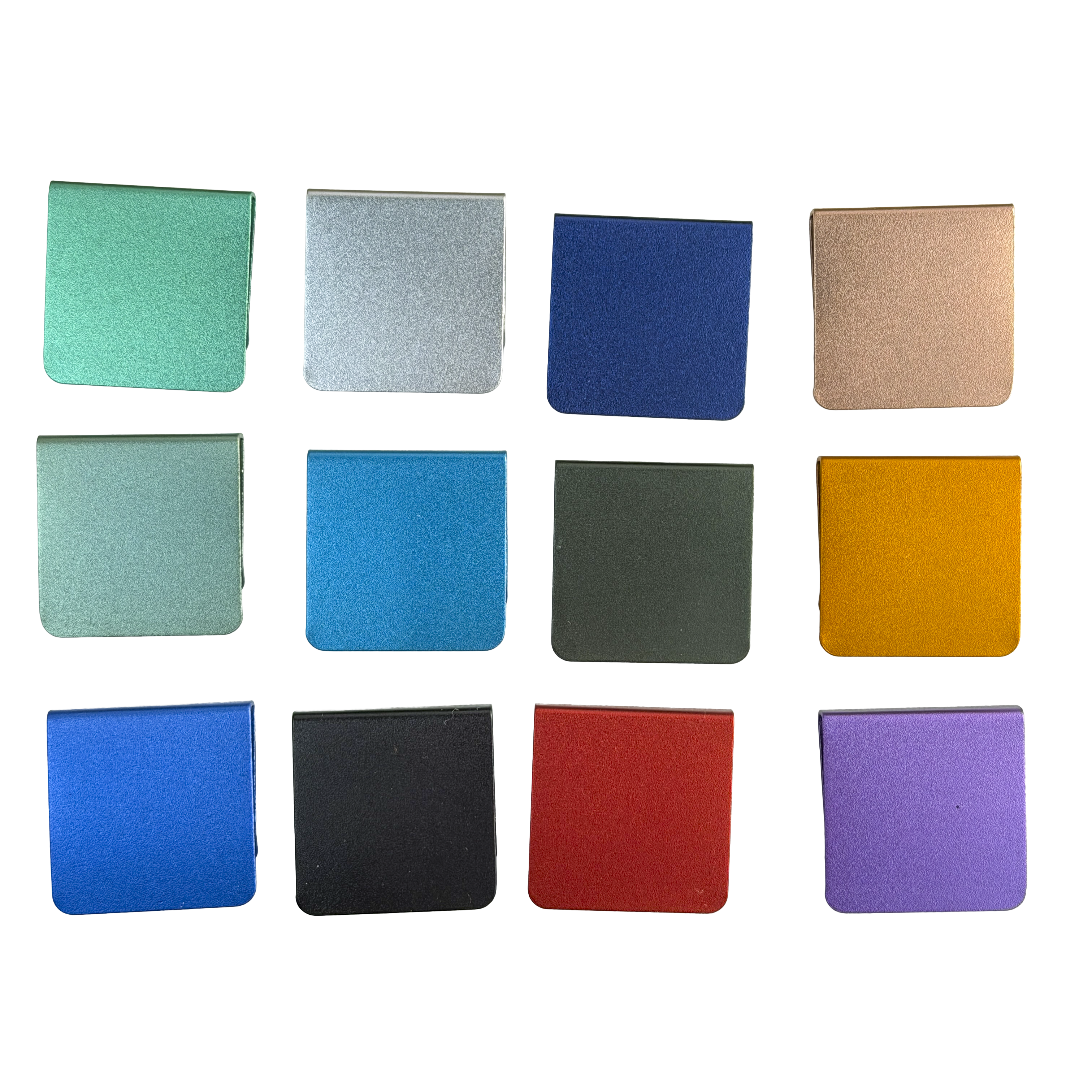 a collection of twelve square objects, each with a different color, arranged in a grid-like pattern on a white background.