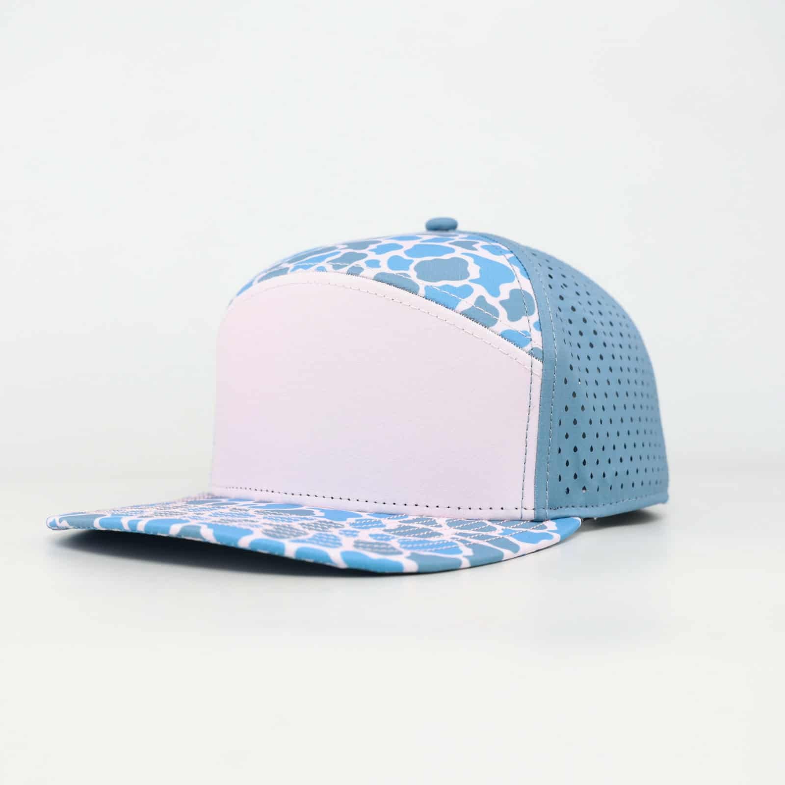 Light Shade Of Pink Front With Blue Camo | Performance Waterproof 7-Panel Hat