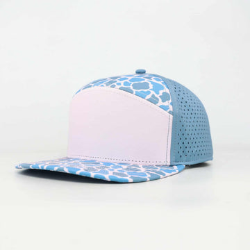 Light Shade Of Pink Front With Blue Camo | Performance Waterproof 7-Panel Hat