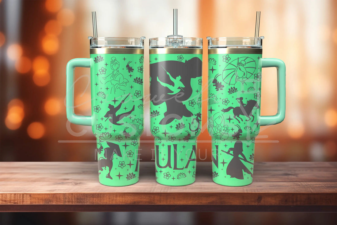 The image is a digital file containing a black and white illustration of a tumbler with various silhouettes and floral elements surrounding it.