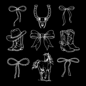 Western Cowboy Elements Bows Boots Horse Skull (White) - DTF Transfer