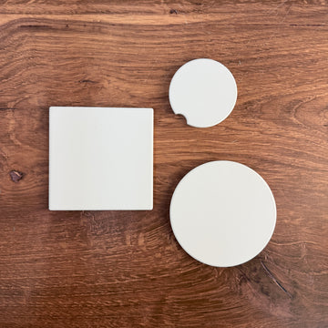 Bright white ceramic coaster blanks for UV printing: 10 cm square, 10 cm round and 6.6 cm car coaster
