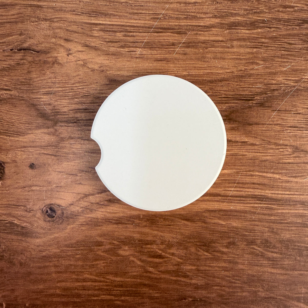 Ceramic car coaster blank for UV printing, bright white, 6.6 cm with finger notch