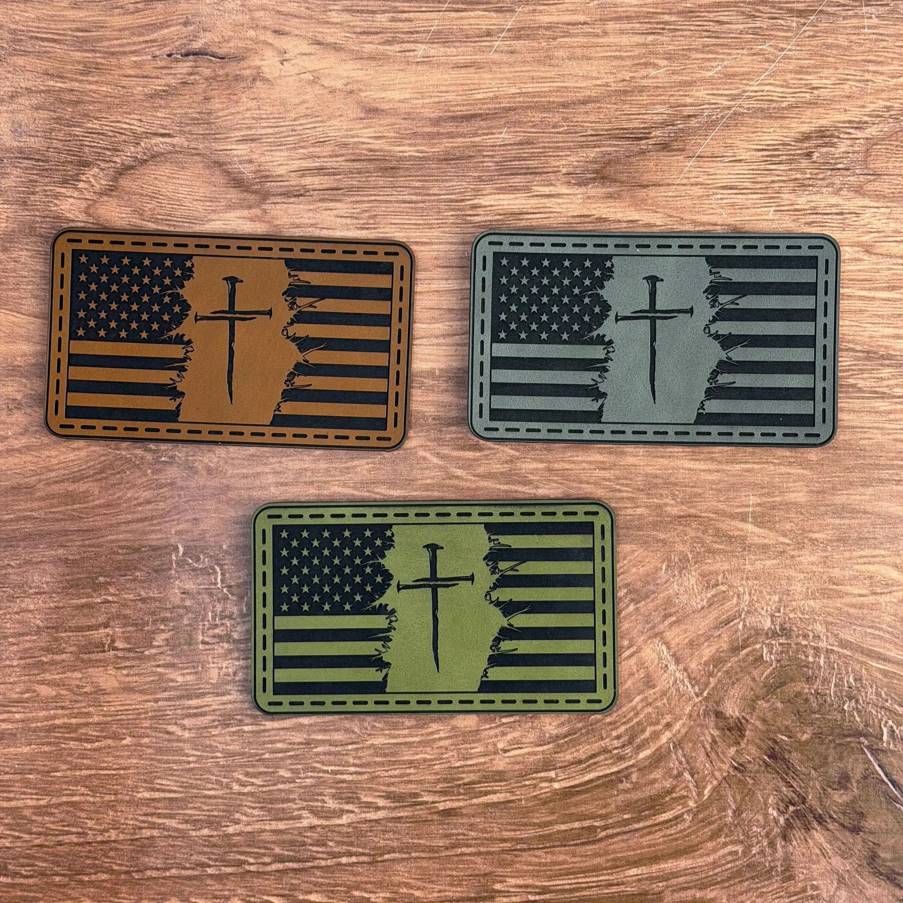 Forged in Faith – Nailed Cross Flag Patch – Laser Engraved Leather Patch 