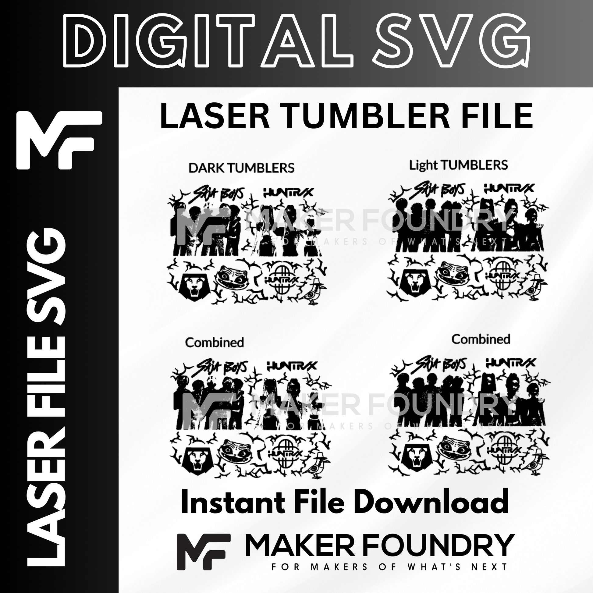 four different images of a group of people, each with a distinct design or pattern. The images are labeled as "Dark Tumblers" and "Light Tumblers" and are described as "Combined" and "Combined" respectively. The image also includes text that reads "Instant File Download" and "MakerFoundry" at the bottom.