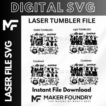 four different images of a group of people, each with a distinct design or pattern. The images are labeled as "Dark Tumblers" and "Light Tumblers" and are described as "Combined" and "Combined" respectively. The image also includes text that reads "Instant File Download" and "MakerFoundry" at the bottom.