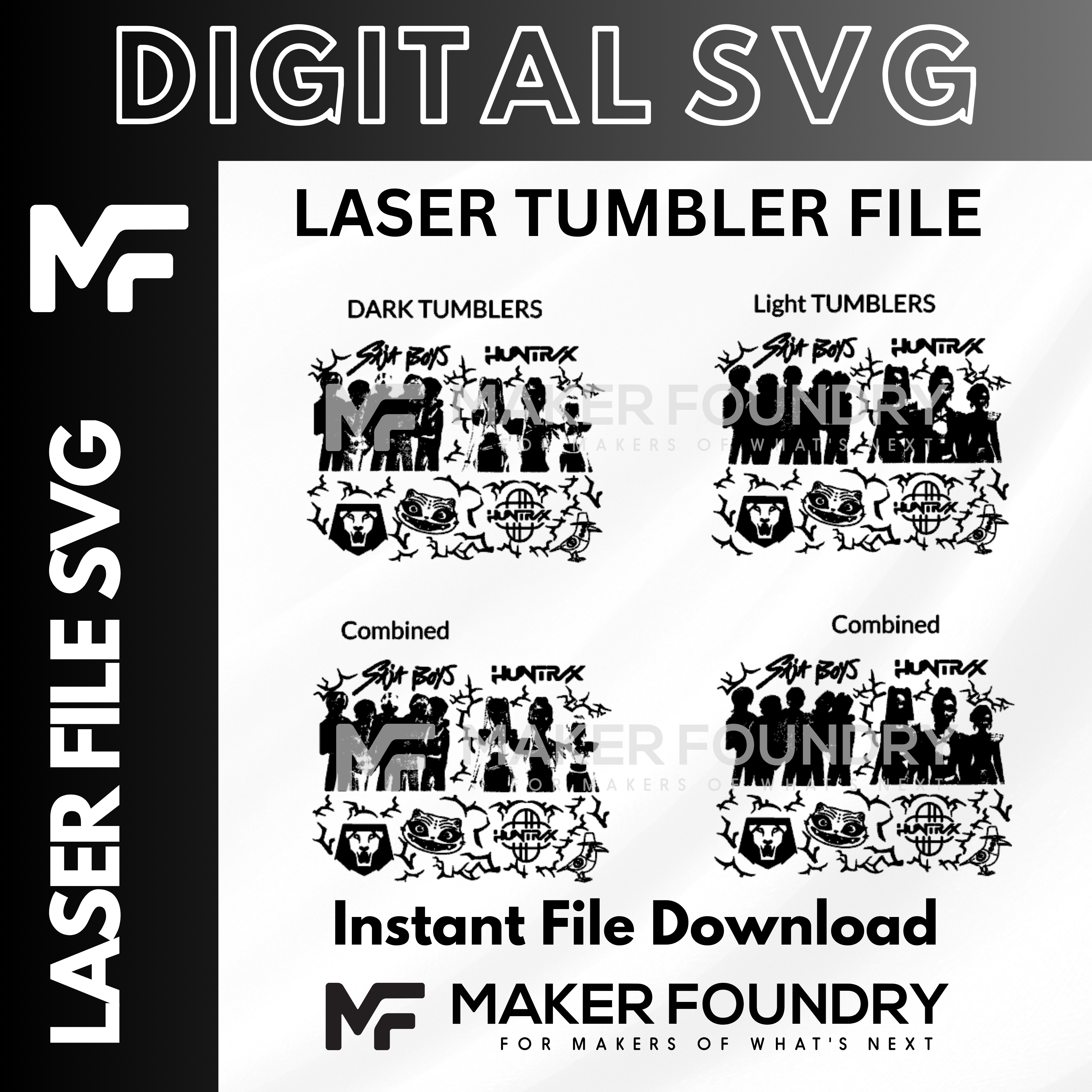 four different images of a group of people, each with a distinct design or pattern. The images are labeled as "Dark Tumblers" and "Light Tumblers" and are described as "Combined" and "Combined" respectively. The image also includes text that reads "Instant File Download" and "MakerFoundry" at the bottom.