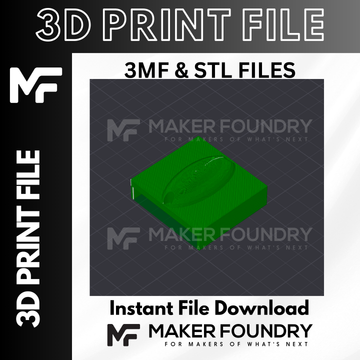 The image is a 3D print file for a green object, which appears to be a 3D printer. The file is labeled as a 3MF and STL file, indicating that it is a 3D model in a file format commonly used for 3D printing. The image is described as an instant file download from Maker Foundation, suggesting that it is available for download without any additional cost or effort.