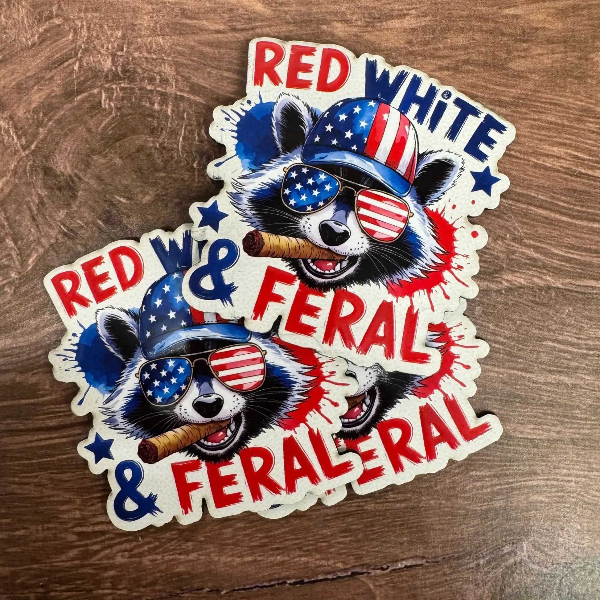 Red, White, & Feral – American Flag Raccoon | UV Printed Leather Hat Patch 