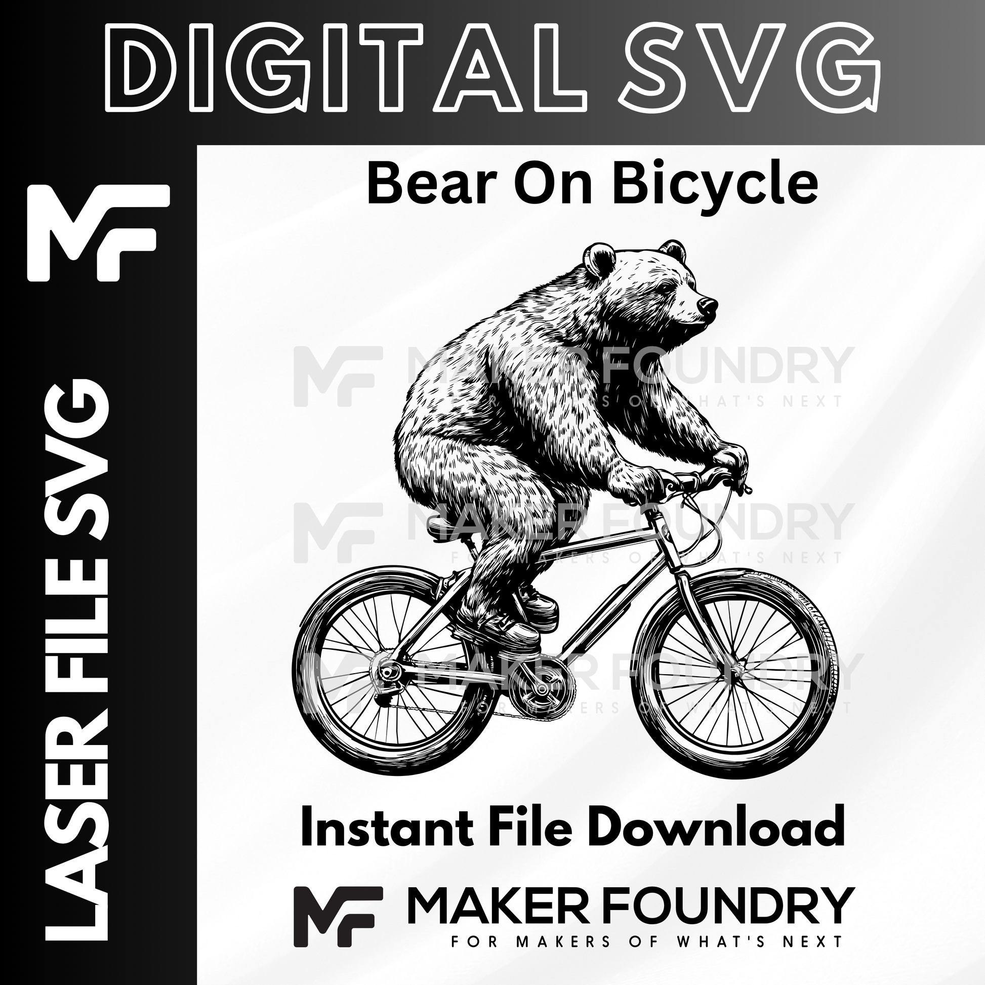 The image is a black and white illustration of a bear riding a bicycle.