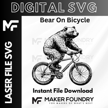 The image is a black and white illustration of a bear riding a bicycle.