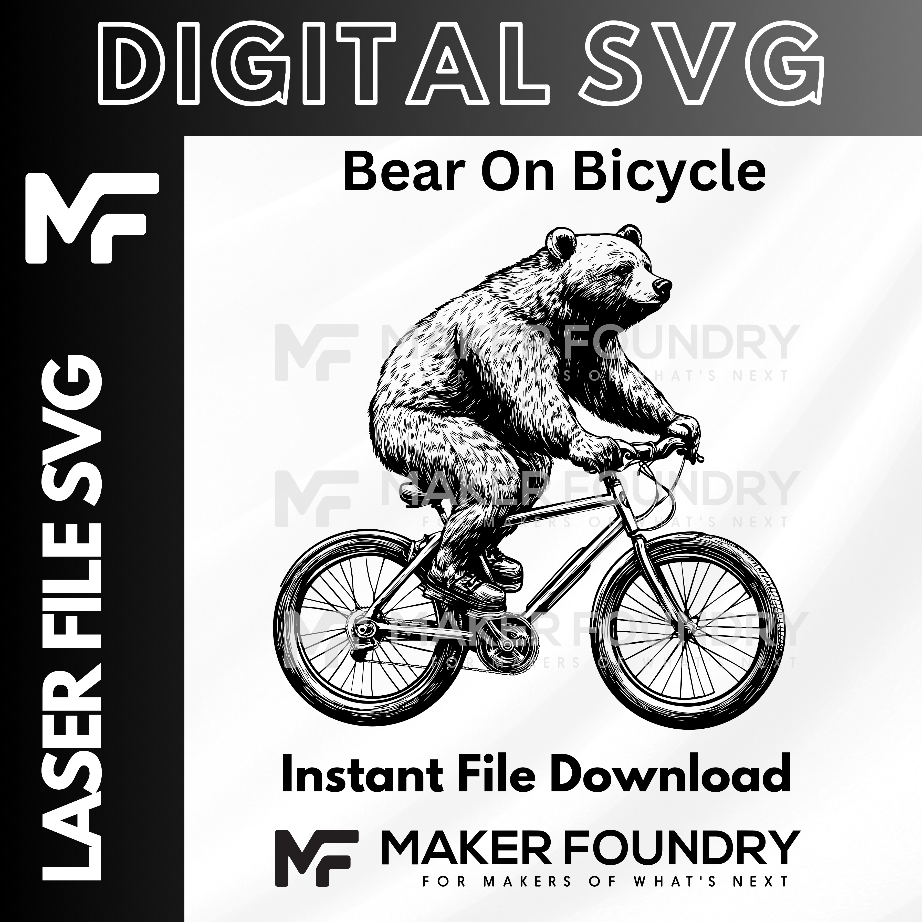 The image is a black and white illustration of a bear riding a bicycle.