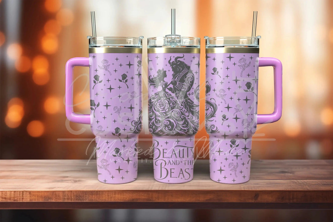 a digital file labeled "Beauty and the Beast" with a stylized illustration of the Beast and roses. The file is labeled as a " Laser TUMBLER FILE" and is described as an "Instant File Download". The image is from "MAKER FOUNDRY" and is intended for "MAKERS OF WHAT'S NEXT".