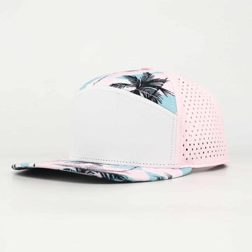 White Front With Palm Trees And Pink Back | Performance Waterproof 7-Panel Hat
