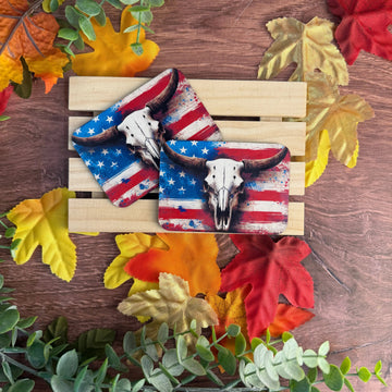 Patriotic Longhorn Flag | USA | UV Printed Leather Hat Patch 