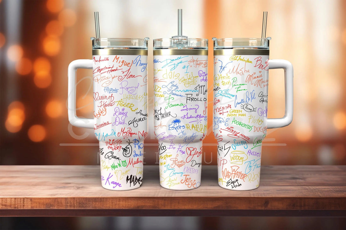 a collection of various handwritten signatures, which appear to be a file bundle for laser tumbler engraving. The bundle includes two styles of engraving, print/sub, and laser tumbler files, as well as a laser tumbler file bundle. The image does not contain any additional text beyond the names of the files and the company's logo.