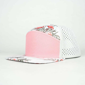 Pink Front With Palms And Off White Back | Performance Waterproof 7-Panel Hat