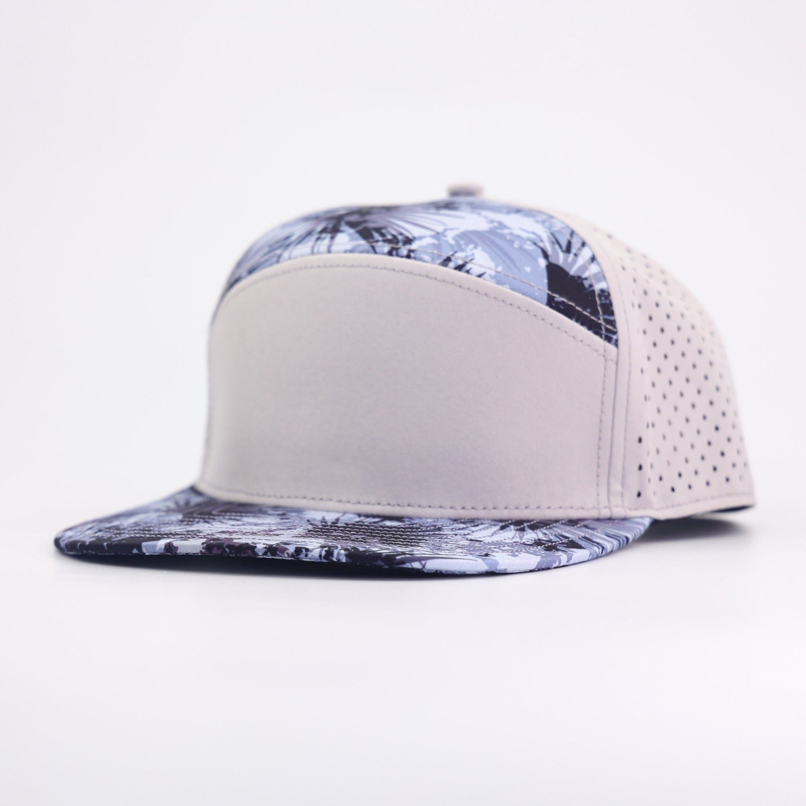 Grey Front With Palm Leaf Prints And Grey Back | Performance Waterproof 7-Panel Hat