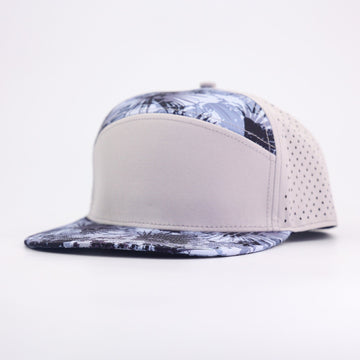 Grey Front With Palm Leaf Prints And Grey Back | Performance Waterproof 7-Panel Hat