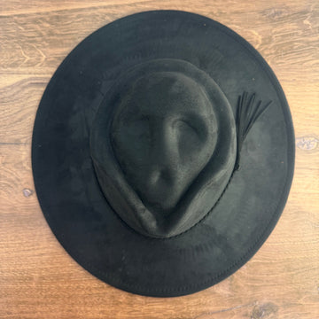 Black skull mold vegan suede wide brim western hat blank, top view