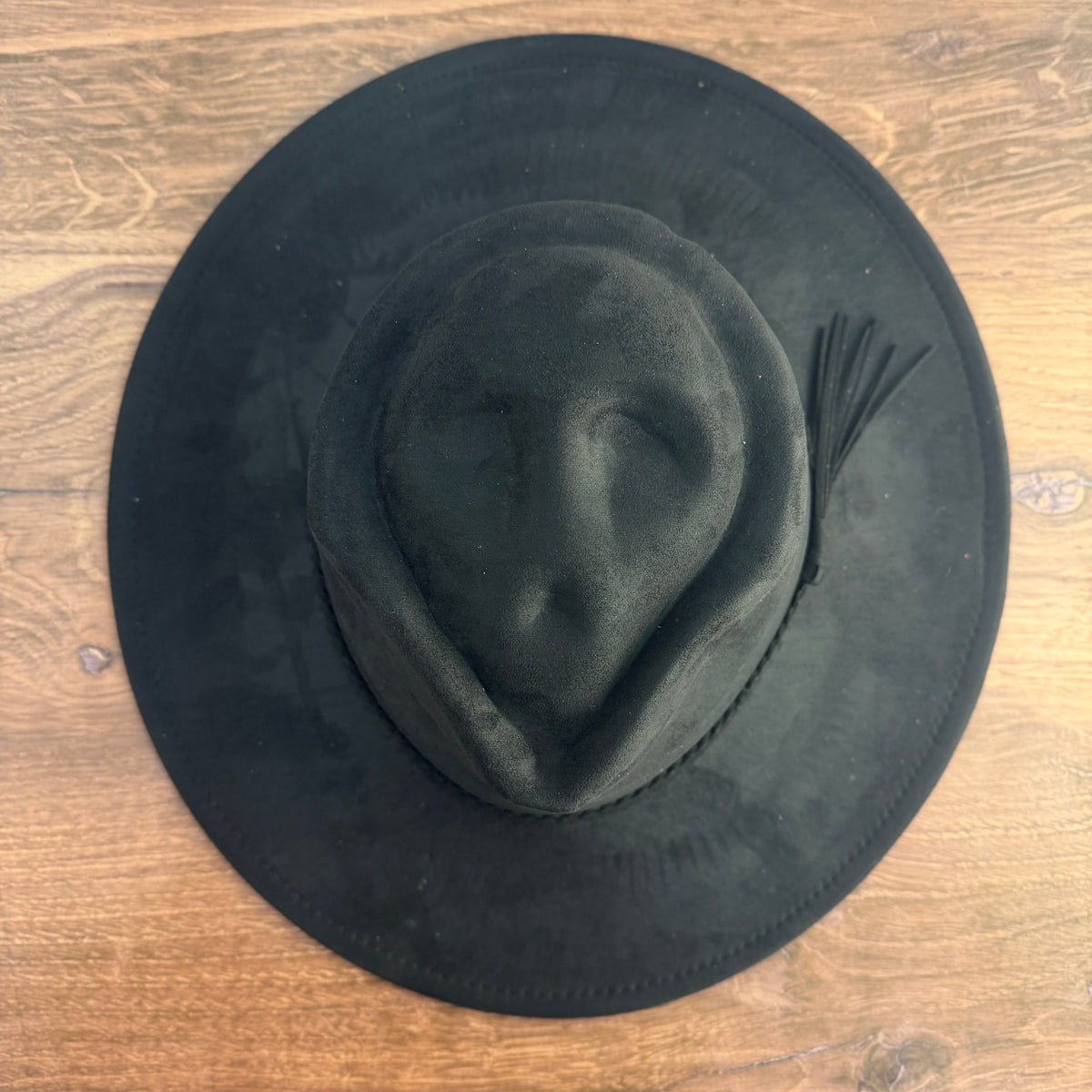 Black skull mold vegan suede wide brim western hat blank, top view