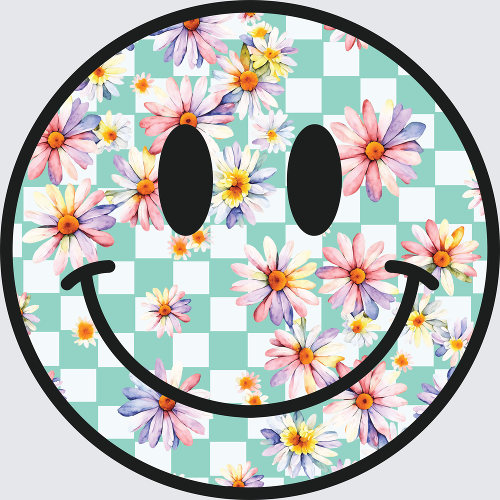 Floral Daisy Checkered Smiley Face - DTF Transfer