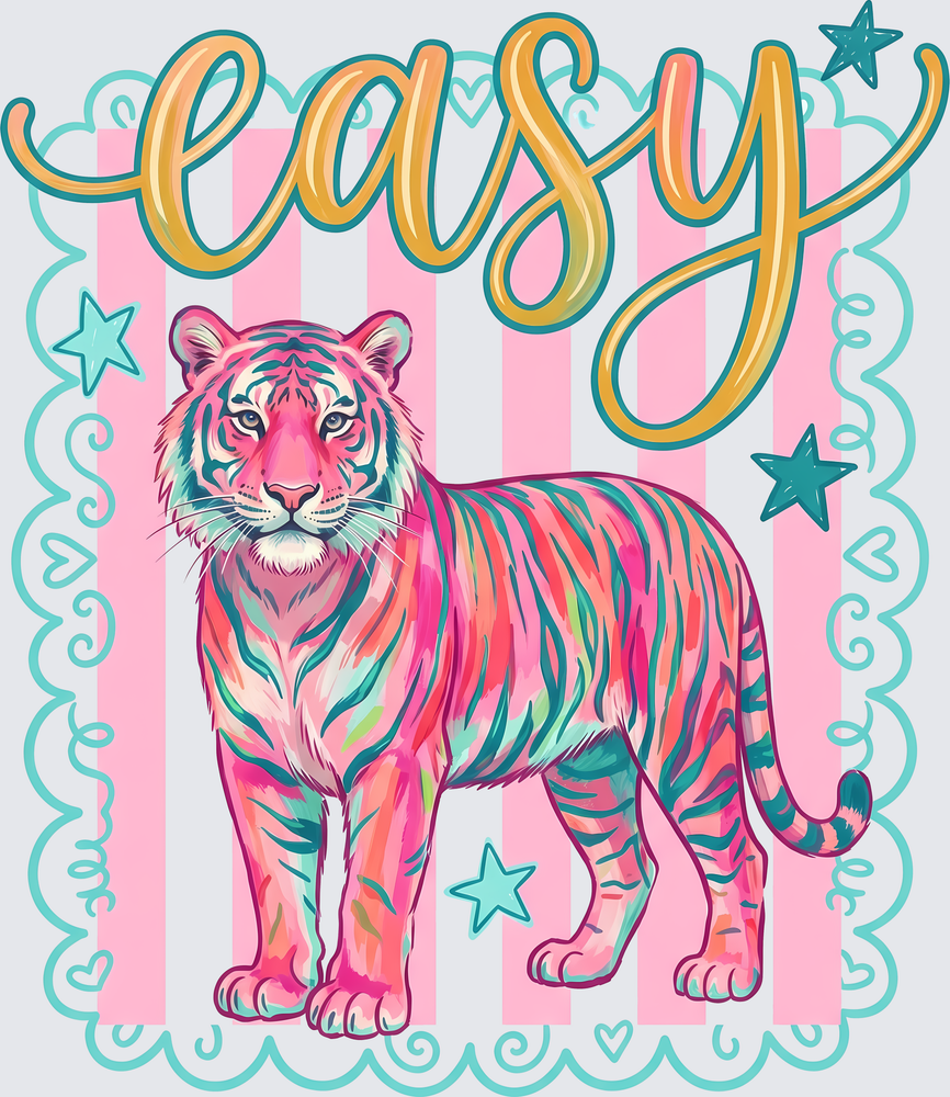Easy Pink Rainbow Tiger With Stars - DTF Transfer