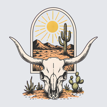 Desert Bull Skull With Cactus Sun Mountain Scene - DTF Transfer